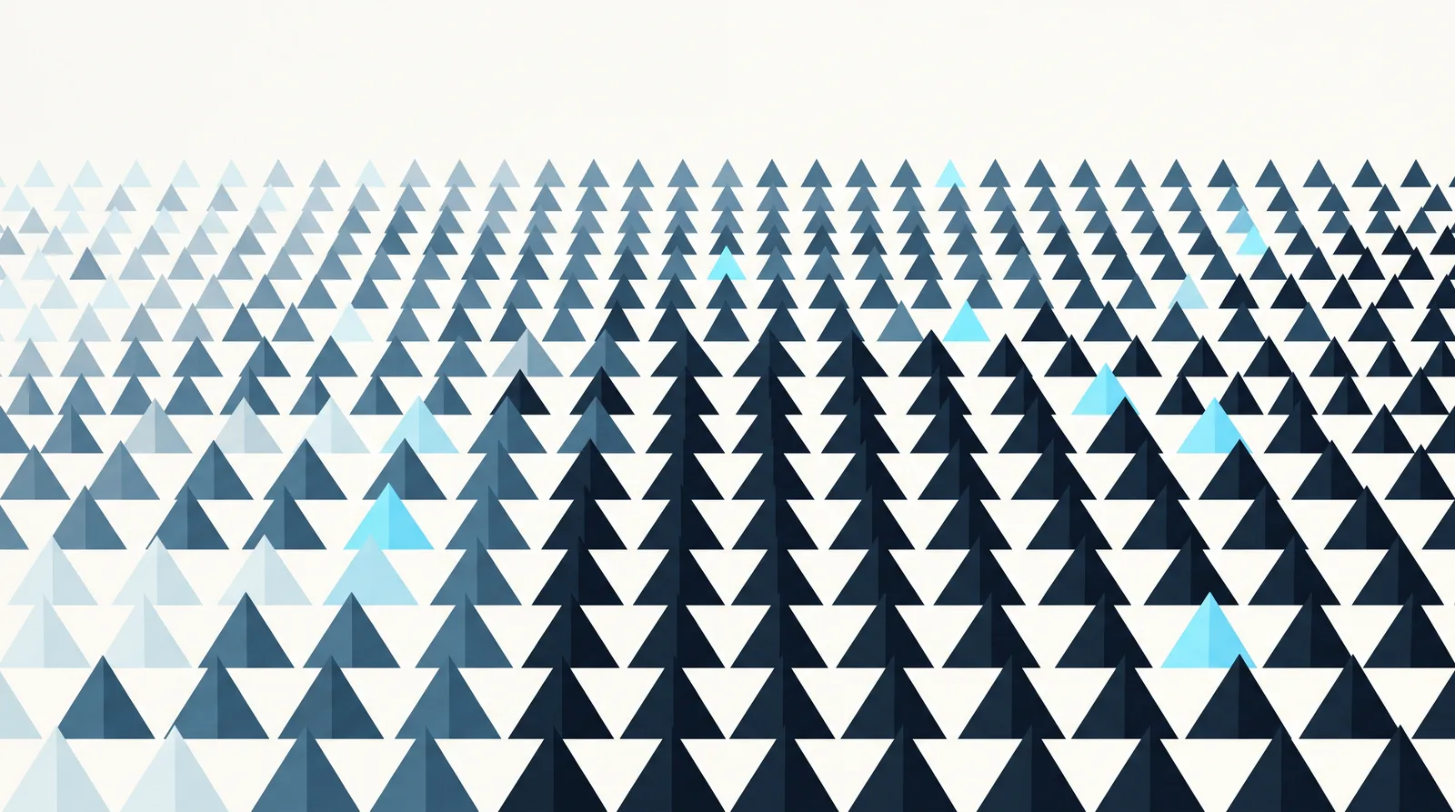 Abstract illustration: a dense field of small dark triangles with a scattered few in bright blue.