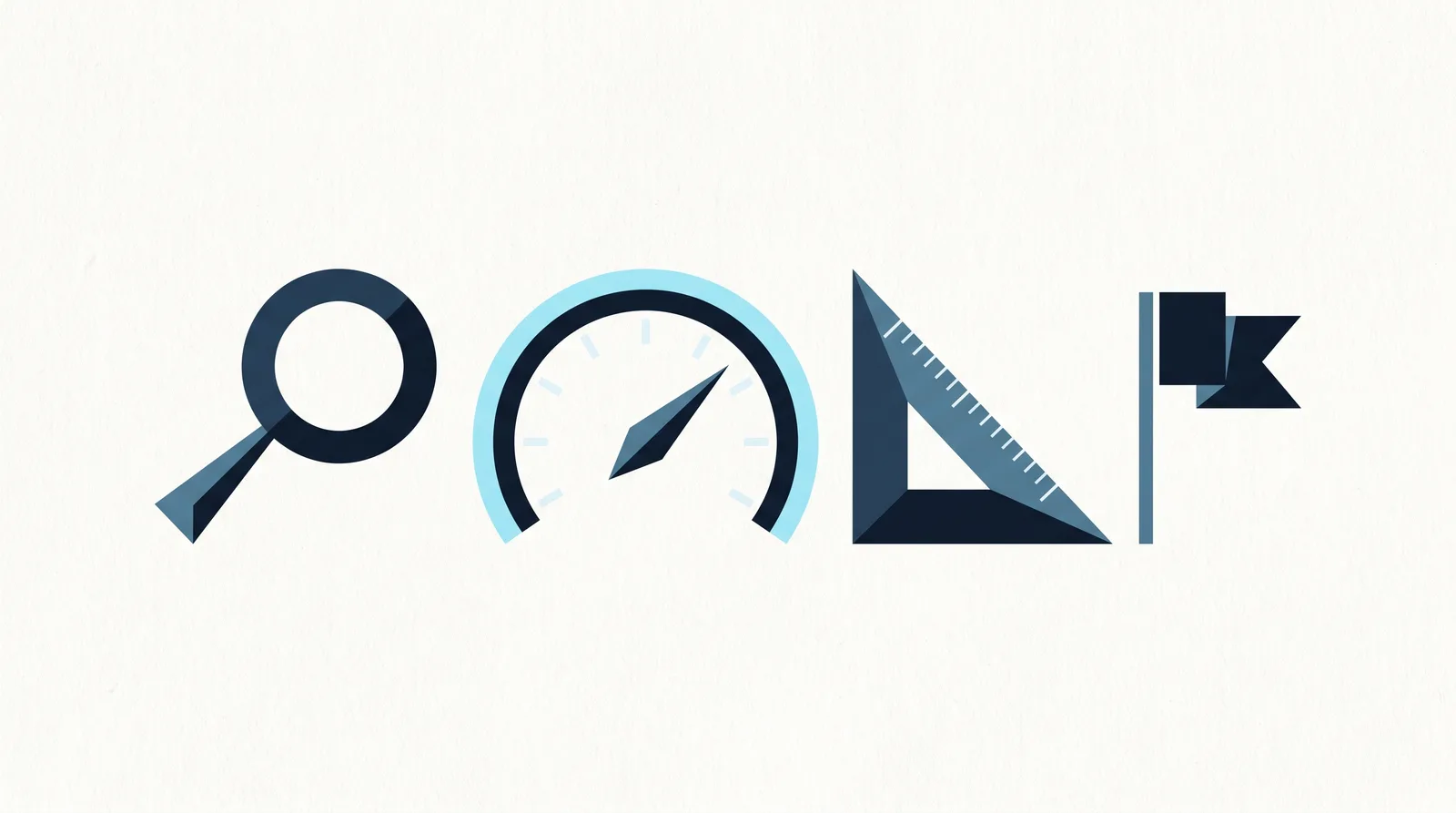 Abstract illustration: a row of geometric instruments, a magnifier, a gauge, a set square and a flag.