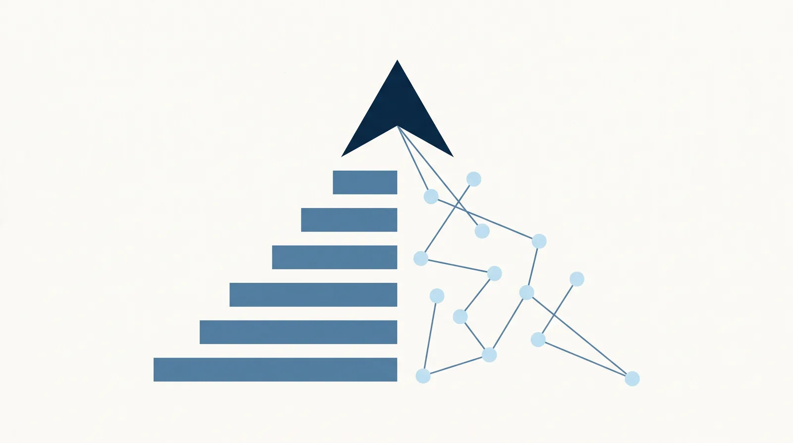 Abstract illustration: ordered ranking bars on one side, a loose constellation of dots on the other, meeting at one peak.