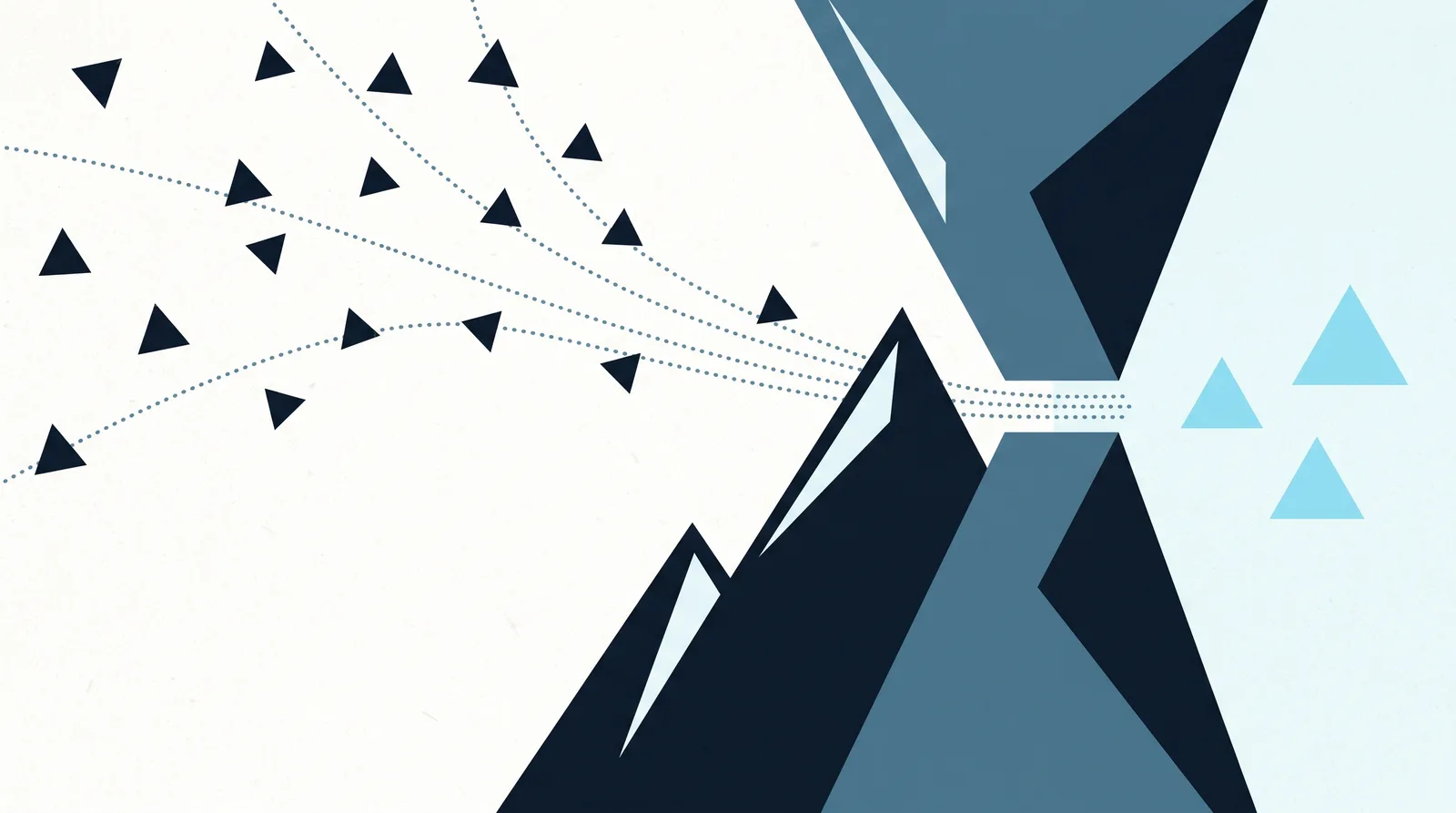 Abstract illustration: small triangles follow dotted paths toward a narrow gateway, and three emerge on the other side.