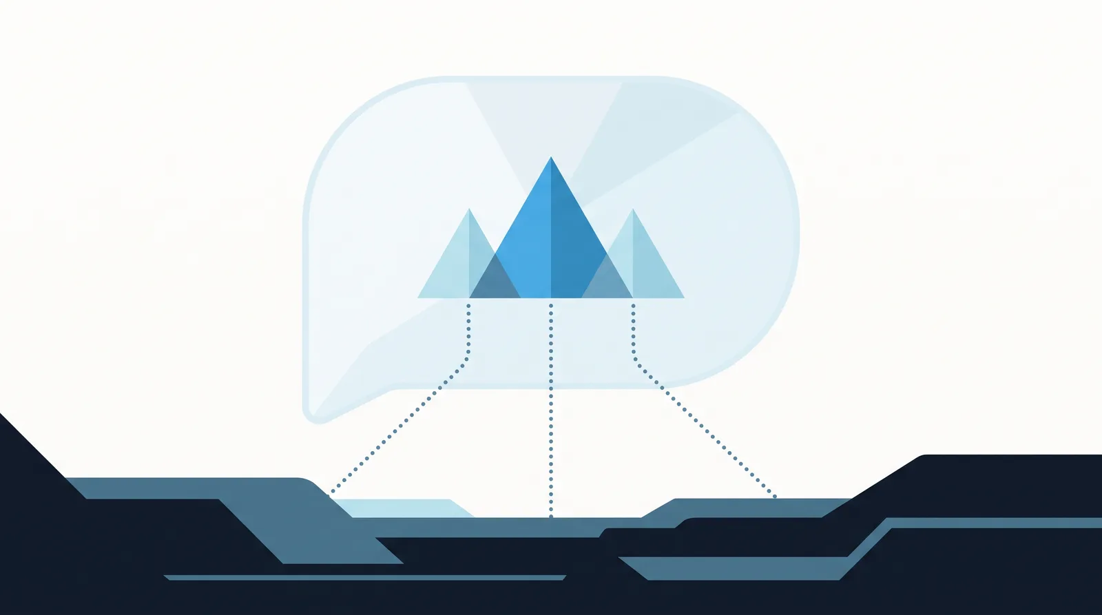 Abstract illustration: a speech bubble holding three peaks, with dotted paths leading in from the landscape below.