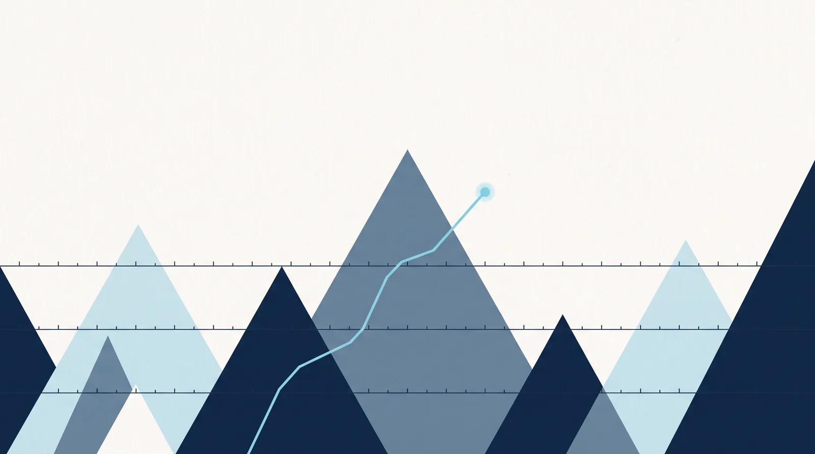 Abstract illustration: triangular peaks crossed by fine survey lines, with a measured line rising to a point marker.