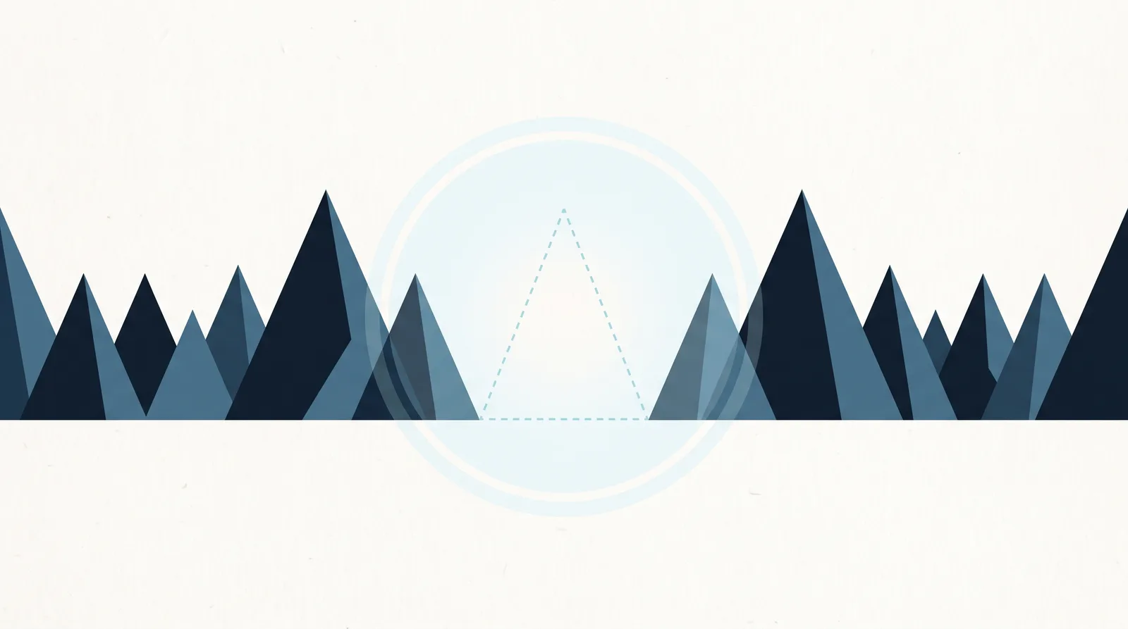 Abstract illustration: a row of solid peaks with one missing, drawn only as a dashed outline under a circle of light.