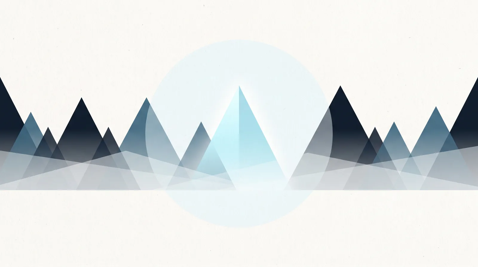 Abstract illustration: a row of dark peaks with one bright ice-blue peak picked out by a circle of light.