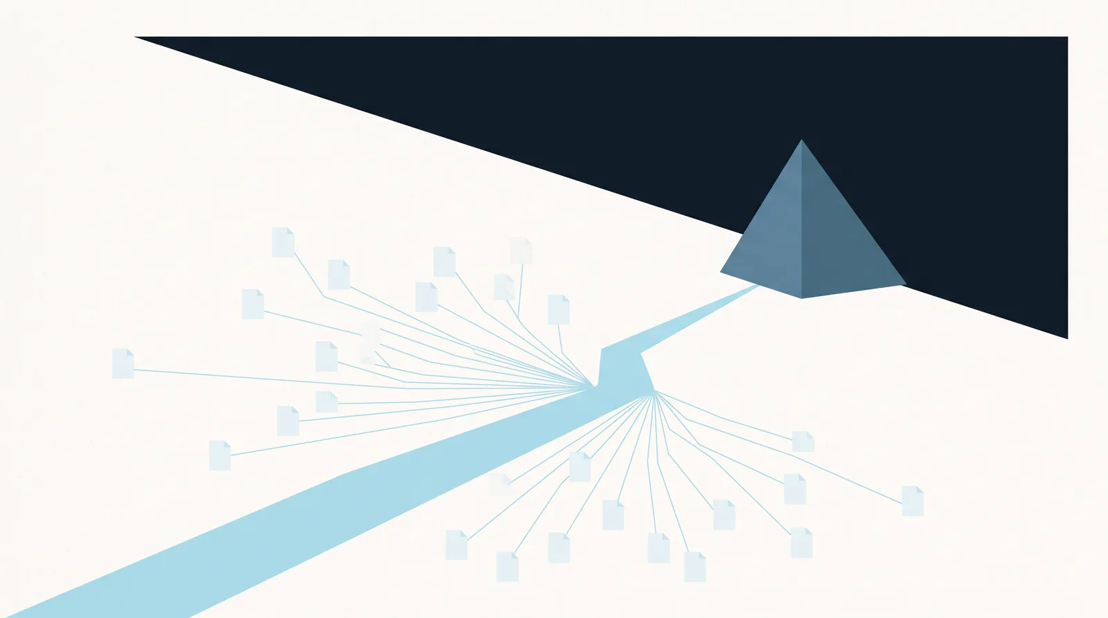 Abstract illustration: scattered documents feeding thin lines into a river that flows toward a single peak.