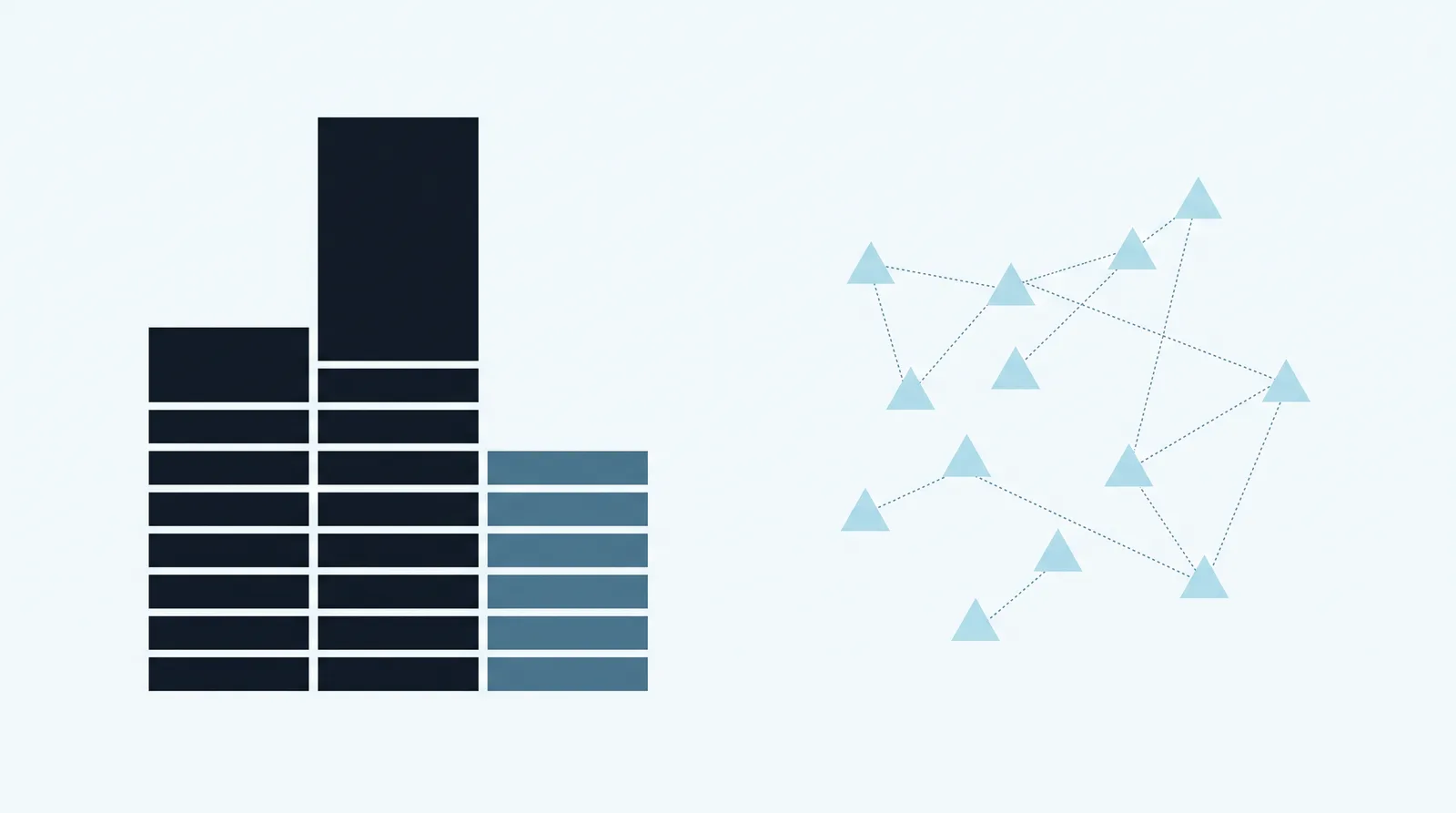 Abstract illustration: a tall stack of ranking bars separated by a gap from a constellation of small triangles.